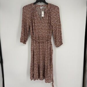 NWT Gap Womens Floral V-Neck Midi Dress Brown Lavender 3/4 Sleeve M Cottagecore